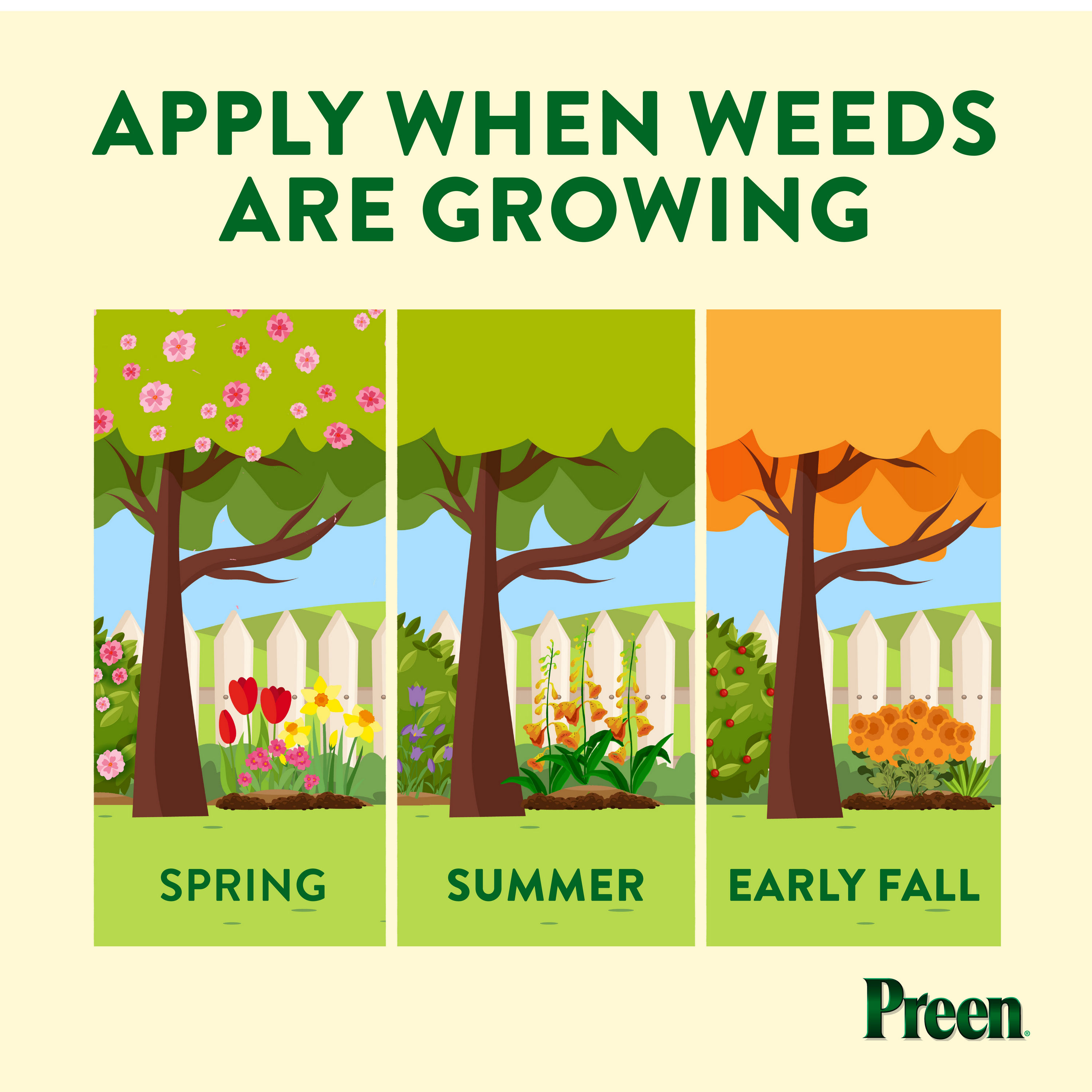 Apply Preen Natural Vegetable Garden Weed Preventer in spring, summer and fall, when weeds are actively growing