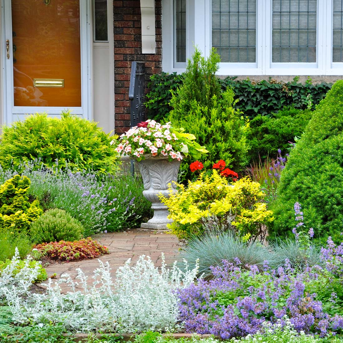 Front garden featuring a mix of shrubs, perennials and potted plants.