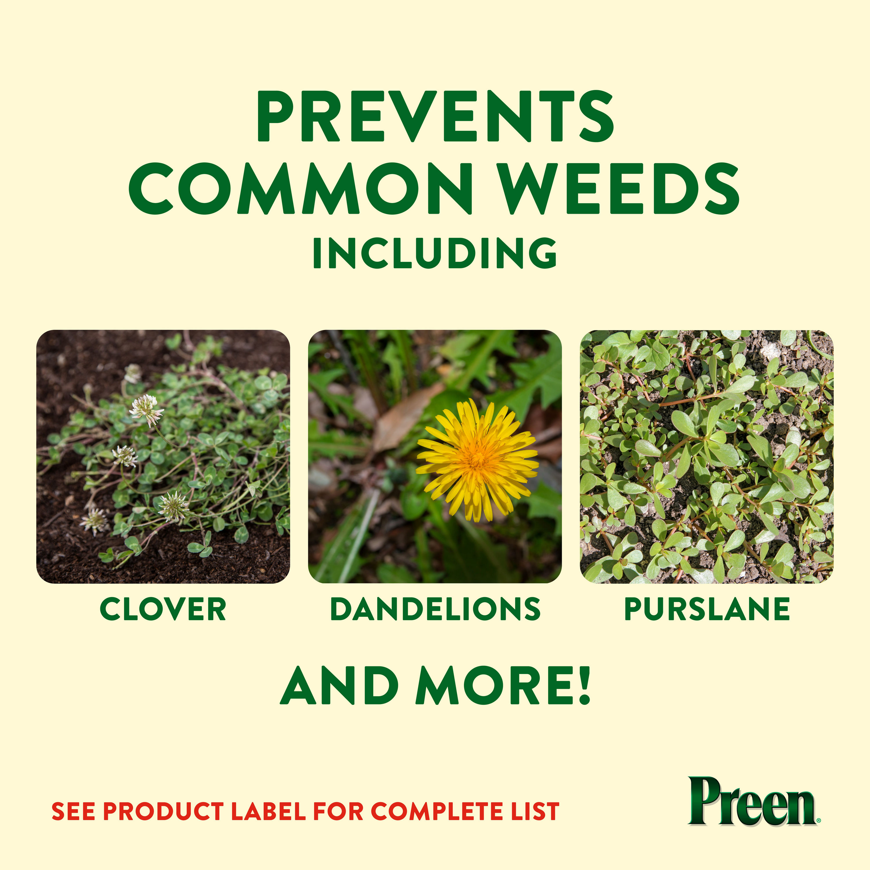 Preen Natural Vegetable Garden Weed Preventer prevents common weeds including clover, dandelion and purslane