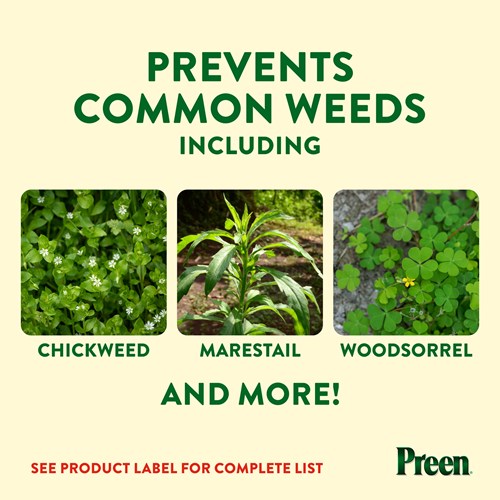 Preen Extended Control Weed Preventer prevents common weeds including chickweed, marestail and woodsorrel