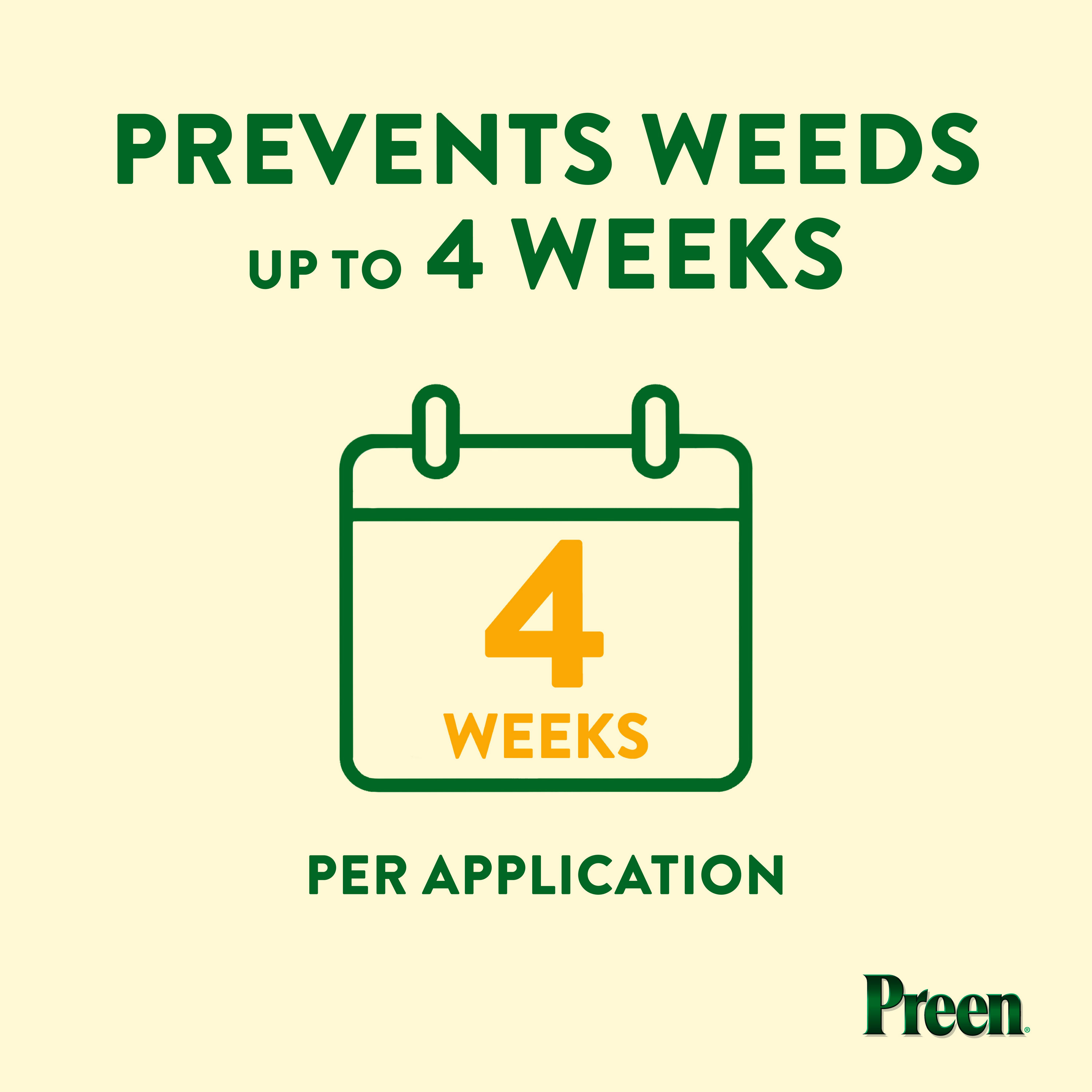 Preen Natural Vegetable Garden Weed Preventer prevents weeds up to 4 weeks per application. Use once a month. 