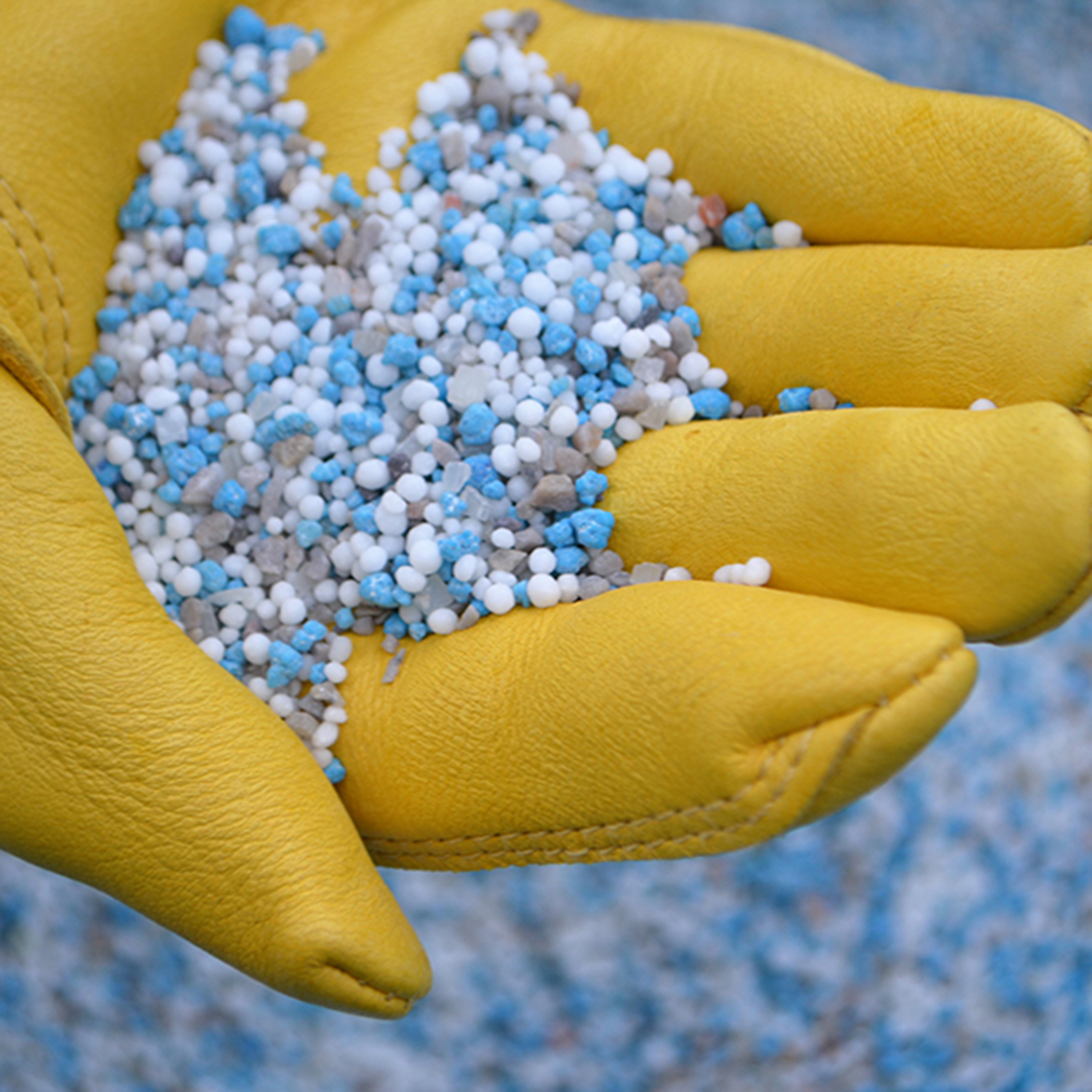 Preen One Lawncare 3-in-1 weed & feed granules in gloved hand