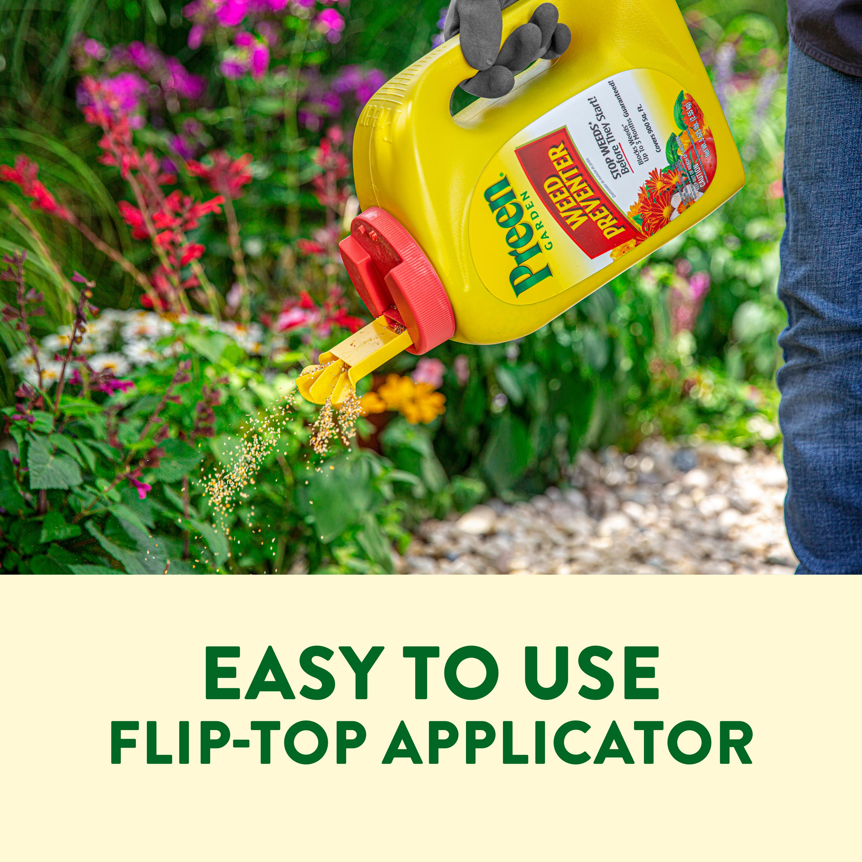 Preen Garden Weed Preventer features an easy-to-use flip-top applicator cap